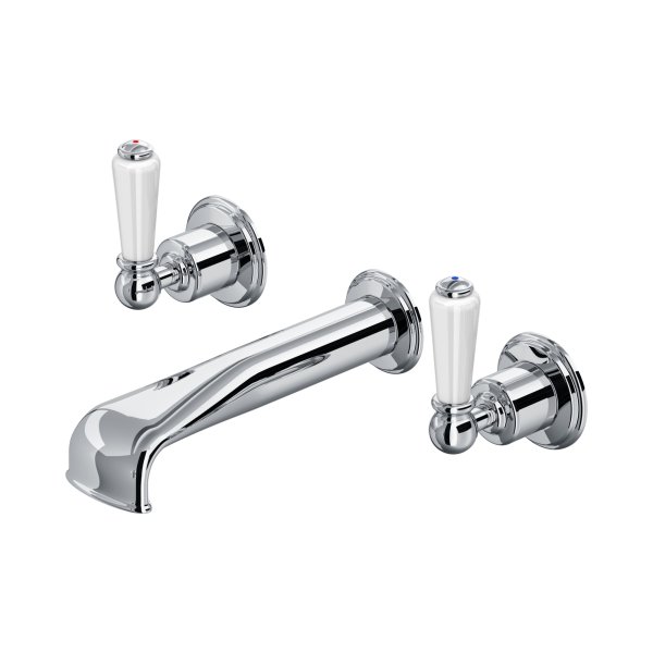 Perrin & Rowe Traditional Three-Hole Wall-Mounted Bath Filler (Lever Handles) - Chrome