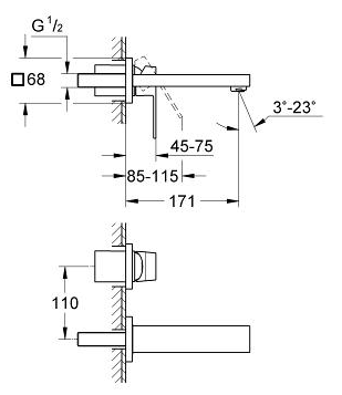 Grohe Eurocube Wall Mounted 2-Hole Basin Mixer with Concealed Body 